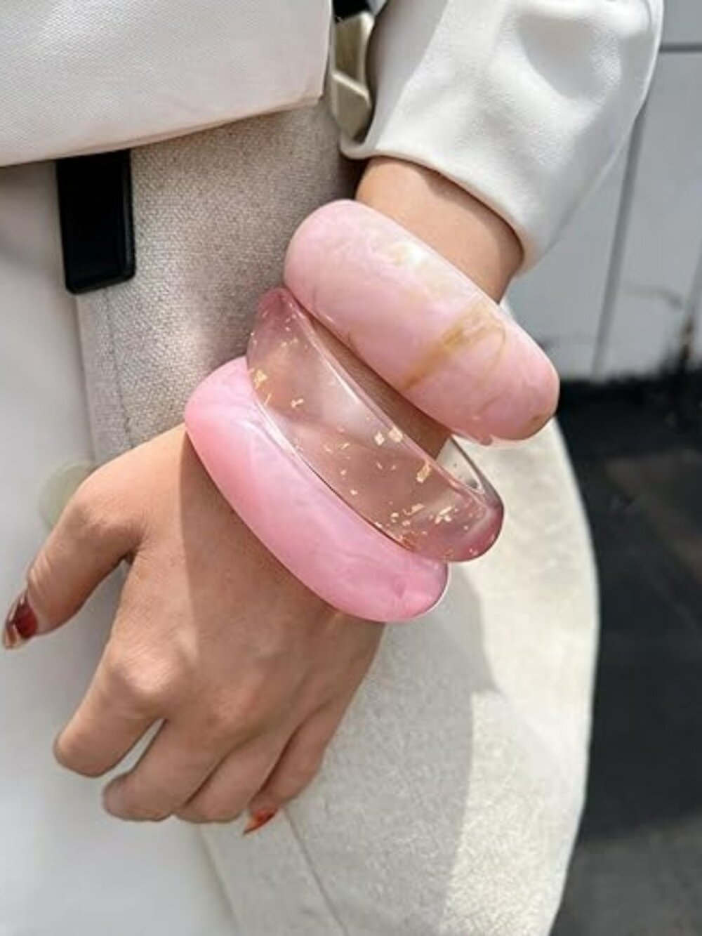 3 Large Chunky Acrylic Bangles Bracelets PINK Thick Statement bangle Set